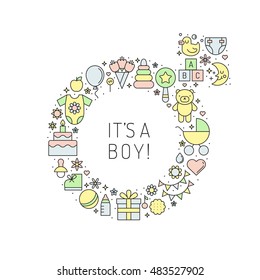 It's a boy! cute outline vector background with Mars symbol in pastel colors .