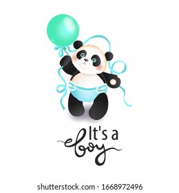 Es ist ein Junge. Panda-Kleinkind mit einem Ballon schmieden. Panda Vektorillustration Illustration. Panda in der Windel. blauer Farbjunge. Geburt-Jungen-Gratulation