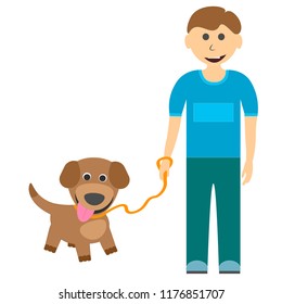 A boy with a cute puppy on a walk. Vector illustration.