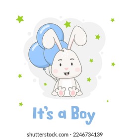 It's a boy. Cute rabbit character with blue balloons isolated on white background. Bunny vector illustration.