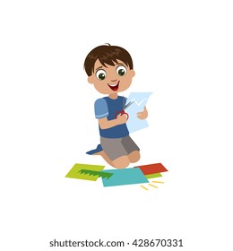 Boy Cutting The Application Details Colorful Simple Design Vector Drawing Isolated On White Background