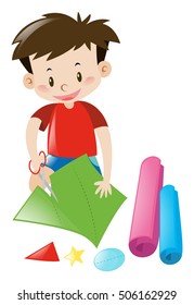 Boy cutting color papers with scissors illustration