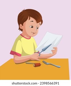 Boy cutting paper with scissors and fork lying on the table