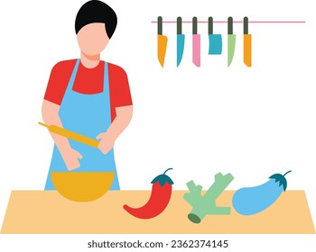 The boy is cutting vegetables.