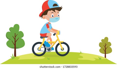 A boy cycling alone on the field while using medical mask