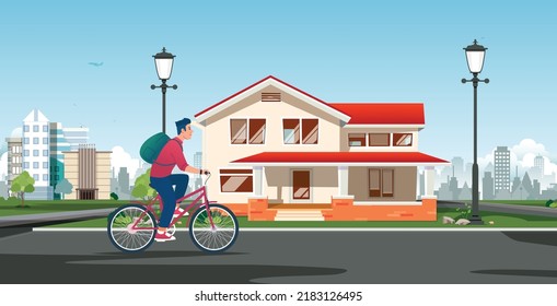 boy cycling in a city in front of a big house. smart city buildings layouts Indian city