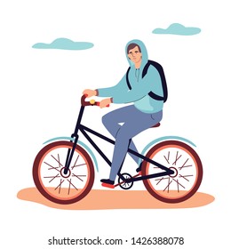 Boy cycling - flat design style colorful illustration on white background. High quality composition with a happy male character in casual clothes riding a bicycle. Active lifestyle concept