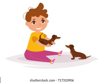 Boy with Dachshund. Vector. Cartoon. Isolated art on white background. Flat
