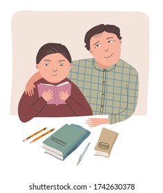 The boy and dad do their homework at the table on which lie books and pens. A boy reads a book, dad is proud of him.