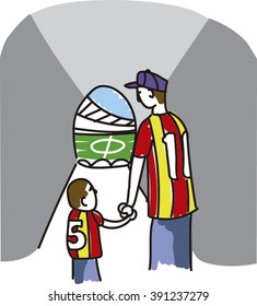 Boy and Dad going to a Football Game in a Stadium.