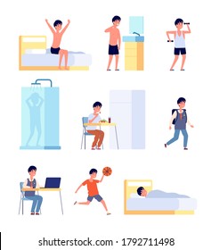 Boy Daily Activities. Kid Hygiene, Smiling Active Baby Morning Time. Little Child Studying Eating Wake Up, Life Routine Vector Illustration