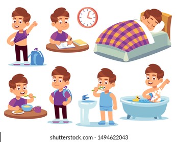 Boy daily activities. Little kid sleeps bed, wake up and takes bath, does homework and eats in school. Routine active vector eating sitting happy tidying isolated cartoon set