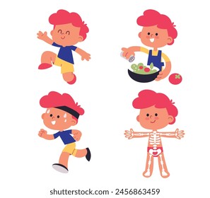 Boy and daily morning routine. Children healthy lifestyle, eating, cooking. Kid accomplishes physical routine jumps and dances. Happy fit sporty active child having fun. Kid anatomy, skeleton.