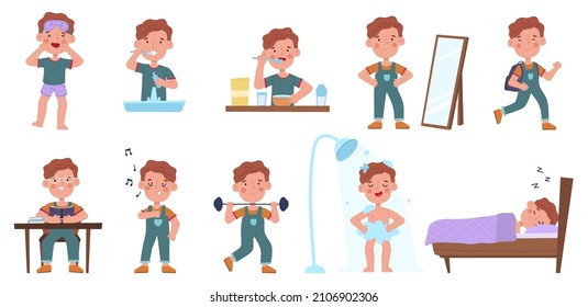 Boy daily routine activities, little guy sleep and wake schedule. Little boy eating, sleeping and reading scenes vector illustration set. Kid daily life schedule, boy happy morning daily routine