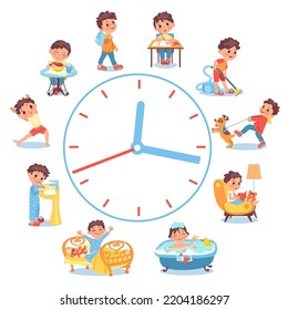 Boy daily routine. Children everyday activities and habits. Dial clock. Kids scheduling. Hygiene or studying. Teen eating and sleeping. Time to training or reading