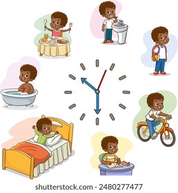 Boy daily routine. Children everyday activities and habits. Dial clock. Kids scheduling. Hygiene or studying. Teen eating and sleeping. Time to training or reading