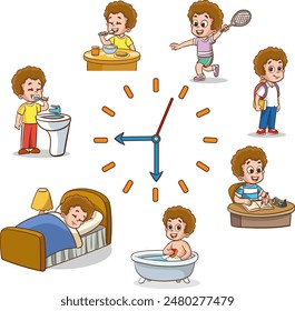 Boy daily routine. Children everyday activities and habits. Dial clock. Kids scheduling. Hygiene or studying. Teen eating and sleeping. Time to training or reading