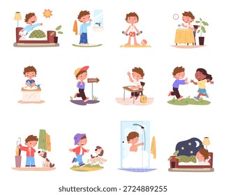 Muchacho rutina diaria. Horario del día del niño de la escuela, régimen diario Higiene del inodoro de la mañana Cepillarse los dientes Ducha de desayuno Educación Jugar Dormir Tiempo de vida del niño Classy Ilustración vectorial