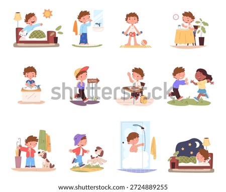 Boy daily routine. School kid day schedule, everyday regime morning toilet hygiene brushing teeth breakfast shower education play sleep child life time classy vector illustration