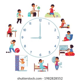 Boy daily schedule. Activity young children, morning wash hygiene. Isolated adorable baby, school student. Day activities decent vector concept