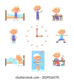 Boy Daily Schedule. Cartoon Child, School Routine. Cute Kid Eating, Sleeping, Hygiene Doing. Isolated Happy Preschool Guy Decent Vector Concept