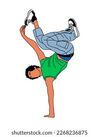 Boy dancer hip hop, breakdance modern vector illustration isolated on white background. Young cool guy dancing street dance. Korean japanese asian cartoon style outline, thin line drawing.