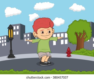 a boy dancing with city background cartoon vector illustration