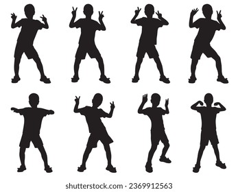 Boy dancing and fooling around silhouettes set