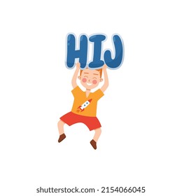 Niño bailando con letras del alfabeto HIJ, ilustración vectorial plana aislada en fondo blanco. Un chico lindo con letras abstractas. Conceptos de la educación escolar y de los jardines de infancia.