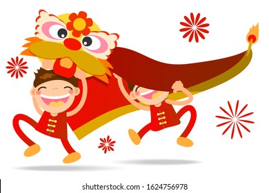 boy dancing with lion mask for Happy Chinese New Year celebration vector illustration character