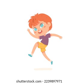 Boy dancing to music with jumps vector illustration. Cartoon isolated little male dancer character jumping high and laughing with happy emotions, fun active hip hop dance of cute excited child.