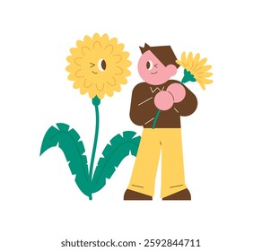 Boy and Dandelion Dandelion Flight. Flat illustration in simple style. Family Month. spring event