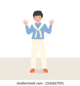 A boy in a dandy style with a knitwear on his shoulder raises his hands and smiles. flat design style vector illustration.