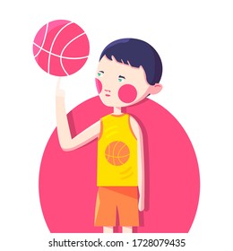 A boy with dark hair in a basketball uniform twists the ball on his finger. Basketball player
