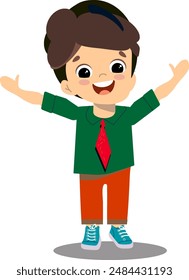 boy with dark hair greets with raised hands , red tie, green tshot