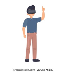 Boy with dark hair wearing vr glasses illustration in color cartoon style. Editable vector graphic design.