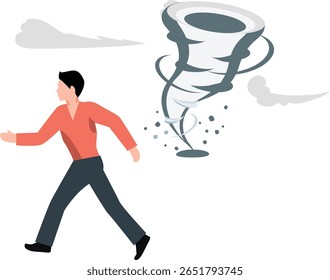 The boy dashes frantically to flee the approaching tornado, his small figure blurred against the backdrop of swirling debris and darkened skies.