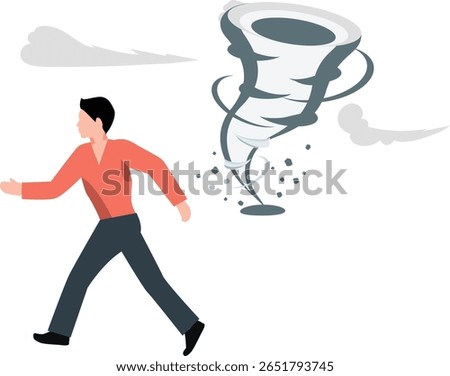 The boy dashes frantically to flee the approaching tornado, his small figure blurred against the backdrop of swirling debris and darkened skies.