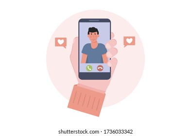Boy dating app hand holding smartphone. Love vector. Mobile internet, social media. Modern communication. Flat vector illustration.