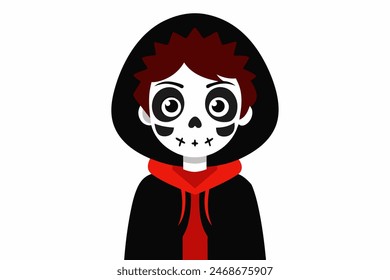 Boy with Day of the Dead makeup. Child with sugar skull face paint. Isolated on white backdrop. Concept of Dia de los Muertos, Mexican cultural tradition, festival, celebration, Halloween