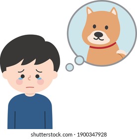 Boy Dealing With The Death Of His Pet Dog. Vector Illustration Isolated On White Background.