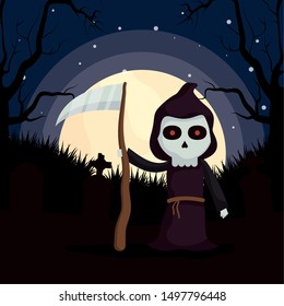 boy with death costume cemetery for halloween party vector illustration