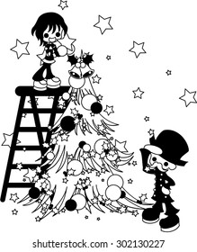 A boy decorates a Christmas tree, and an old man looks at it.