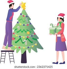 The boy is decorating the Christmas tree.