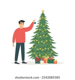 Niño decorando un árbol de Navidad con regalos aislados sobre fondo blanco. Ilustración vectorial plana, para tarjeta, carteles, Web.