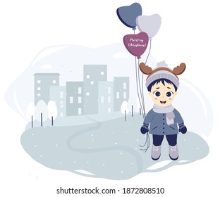 A boy with deer antlers and balloons on a winter walk around the city stands on a background with houses, trees and snowflakes. The text of congratulations on the holiday - Merry Christmas. Vector