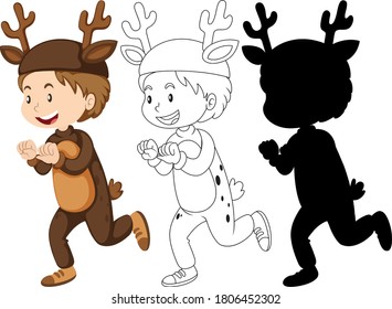 Boy with deer costume in color and outline and silhouette illustration