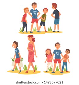 Boy Defending Little Kids, Helping Pregnant Woman Carry Shopping Bags, Polite, Brave Kids Set, Good Manners Vector Illustration