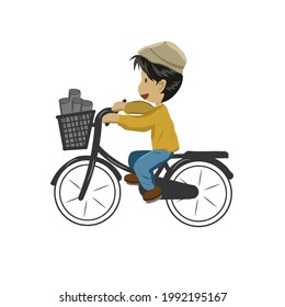 A Boy Delivering Newspaper On Bicycle. Vector Illustration On White Background.