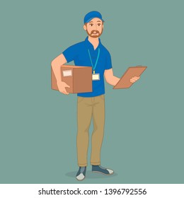 Boy delivering orders. Taking some boxes to their recipients. Young man carries a box in his hands.
